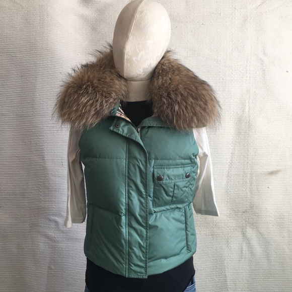 Burberry S Down Puffer Vest Coat Real Fur Green - Picture 8 of 8